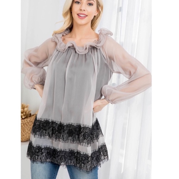 🎉New Clearance RYU Off the Shoulder Ruffle Sheer Sleeve Dress / Top - Picture 5 of 7